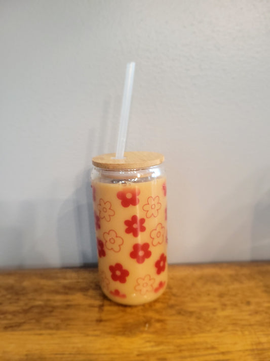 Pink Retro Flowers Coffee Glass Tumbler