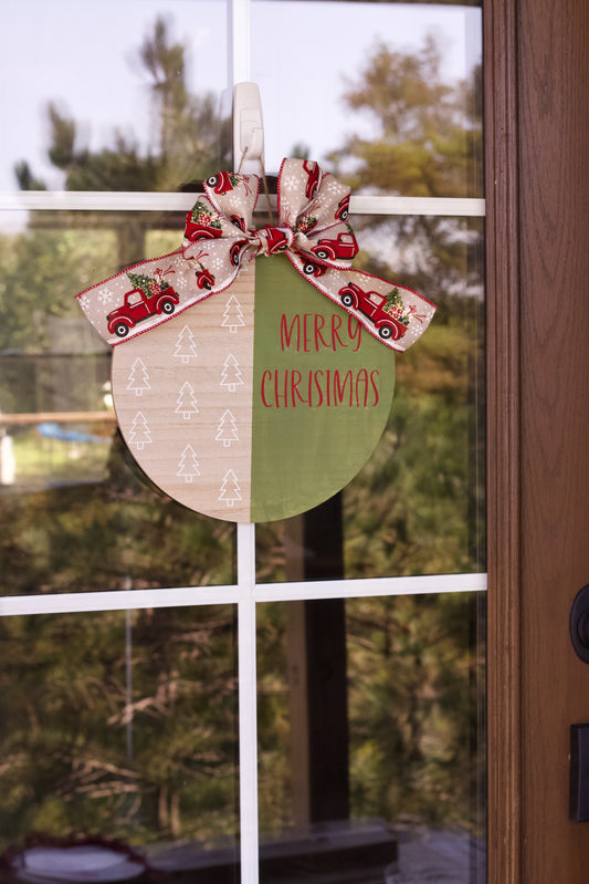 Tree Merry Christmas with Truck Bow Wood Round